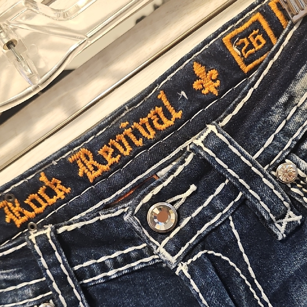 Rock Revival Women's Dark Blue Jeans with Orange Stitching